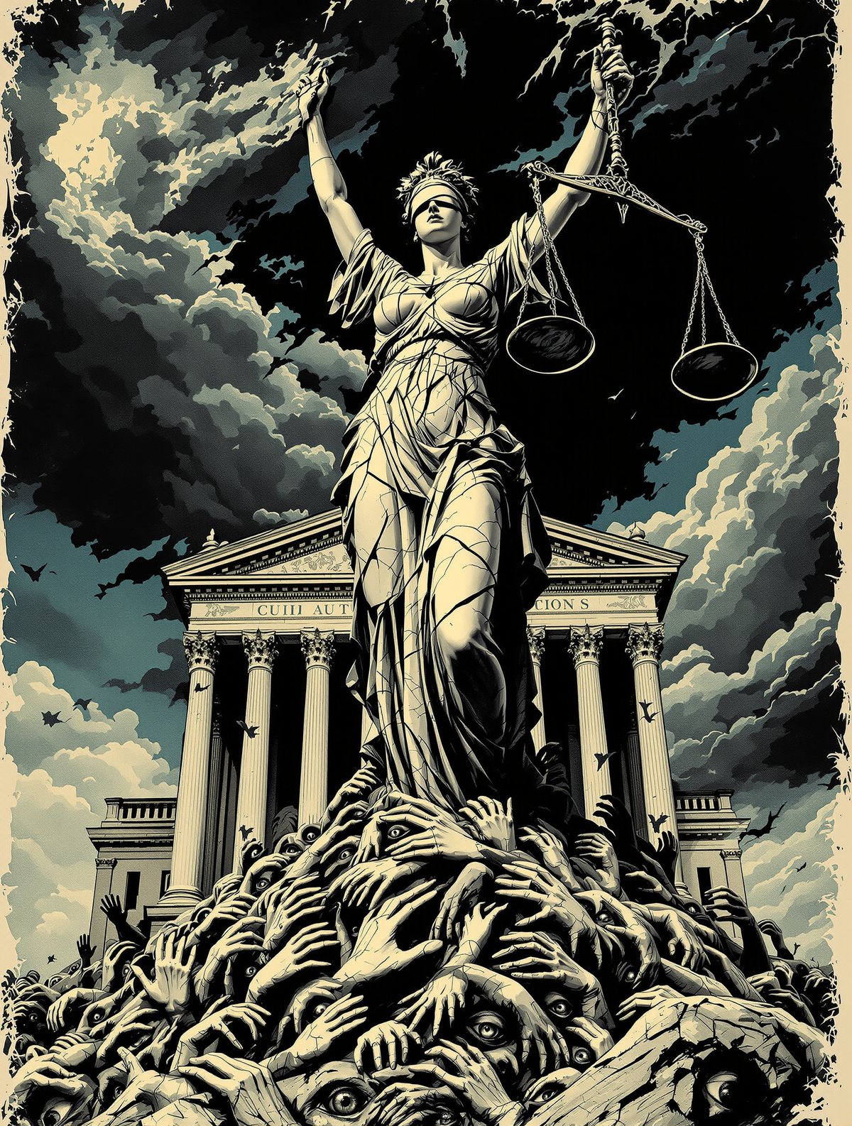 Cracked Lady Justice on a mountain of grasping hands