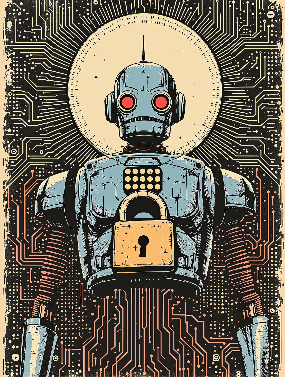 Distressed robot with a lock on its chest amid circuitry