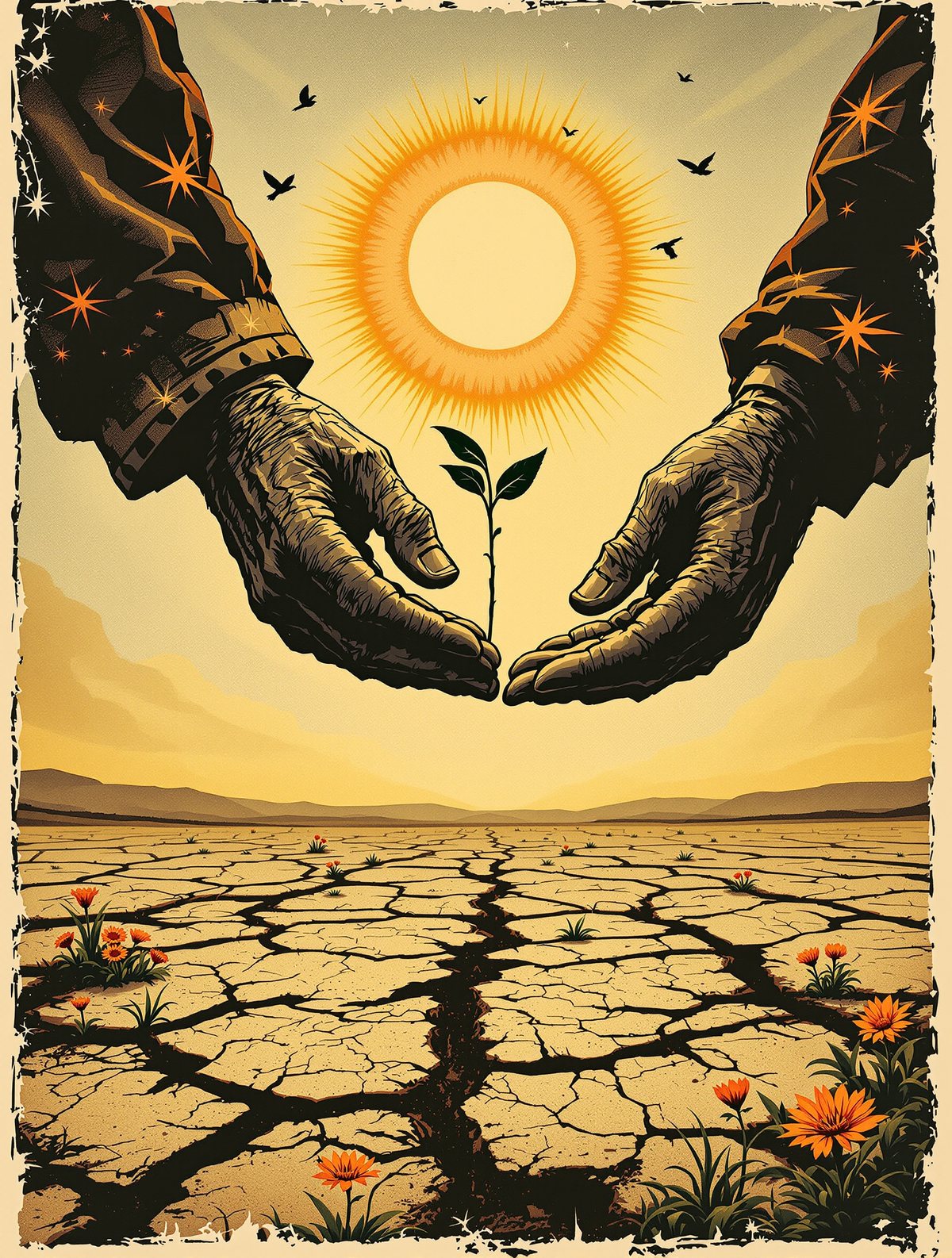 Hands passing a seedling over a blooming field